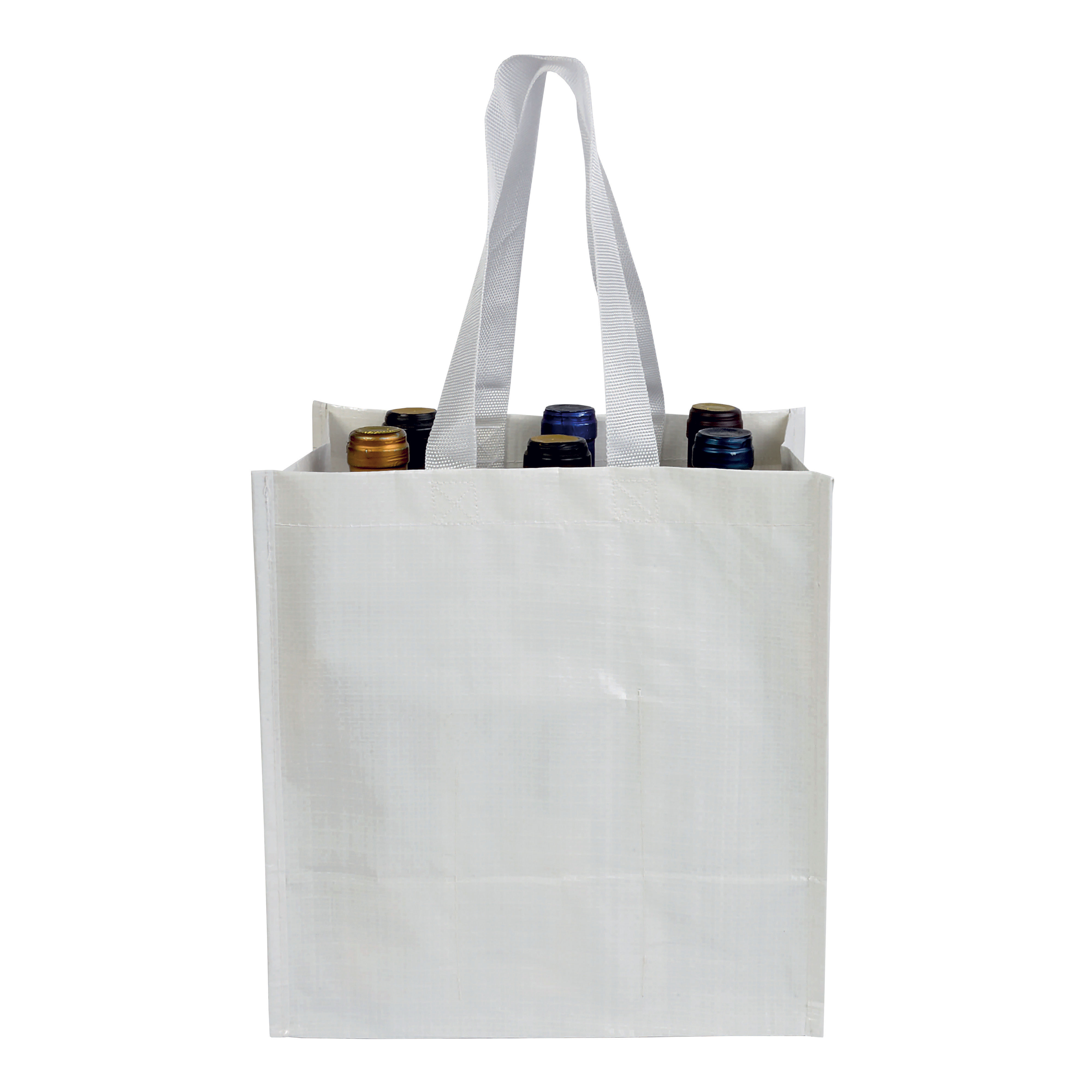 Shopper porta bottiglie (6 posti) in PP laminato 120 g/m2, manici corti a nastro